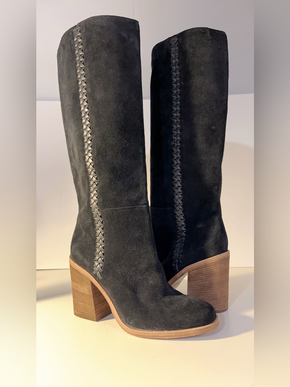 UGG Maeva Black Suede Knee-High Braided Trim Block Heel Boots Size 10